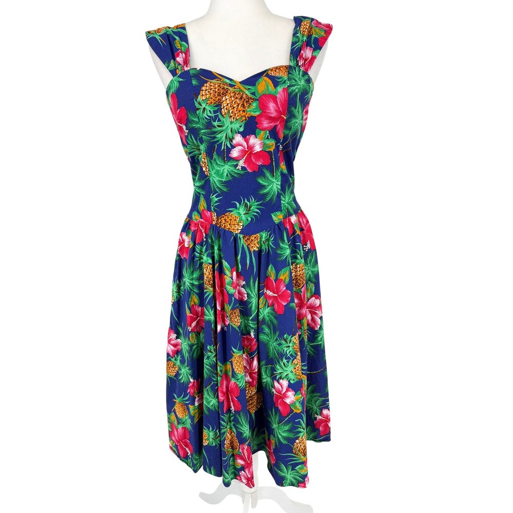 Royal Creations Tropical Sundress Womens S Blue Pineapple Hibiscus Tiki